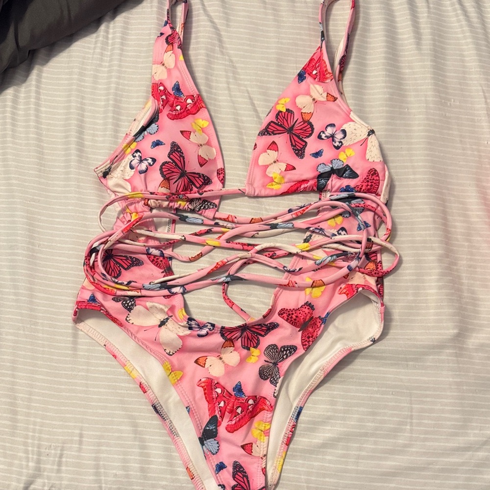 Pink Butterfly Print Swimsuit